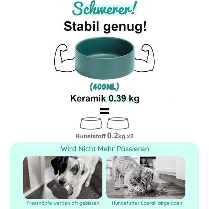 Набір мисок для корму для собак і котів SpunkyJunky з кераміки, піднятий на підставці з бамбука (2 шт. по 400 мл, зелений)