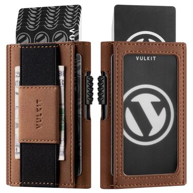 Гаманець VULKIT Leder Slim з вікном для документів та затискачем для грошей, автоматичний висувний картхолдер з алюмінію, RFID/NFC захист, коньячний колір