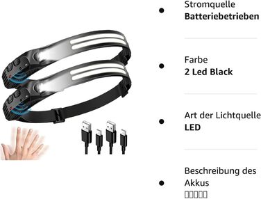 Налобний ліхтар GSY LED, 2 шт, 1000 люмен, сенсорний, акумуляторний, COB+XPE, 230° широкий кут, водонепроникний для бігу