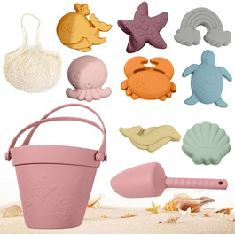 Silicone Sand Toy Set, 10-Piece Silicone Beach Toy Set, Beach Toys for Kids, with Bucket, Shovels, and 8 Sand Molds (Sea Creatures), for Boys and Girls
