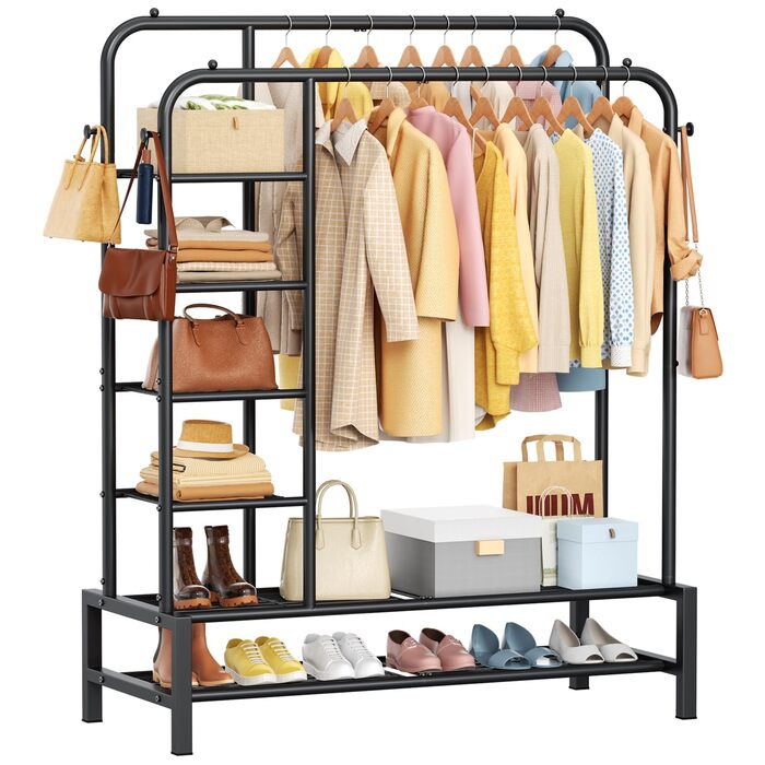 Вішалка для одягу в спальню та вітальню, подвійна, чорна - міцна конструкція 100 кг, з полицями для зберігання