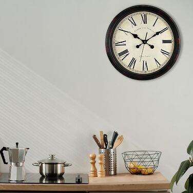 DIYZON Round Classic Wall Clock, Silent Non-Ticking, 40 cm High-Quality Quartz Vintage Clock, Large Number Retro Decorative Clock, Battery Operated, Easy to Read for Home, Kitchen, Dining Room (Black Brown, 40CM)