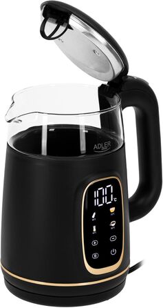 Електричний чайник Adler з регулюванням температури 2200W, 1.7L з LED-дисплеєм та сенсорною панеллю, 5 температурних програм, функція підтримання тепла, фільтр, чорний, золотий