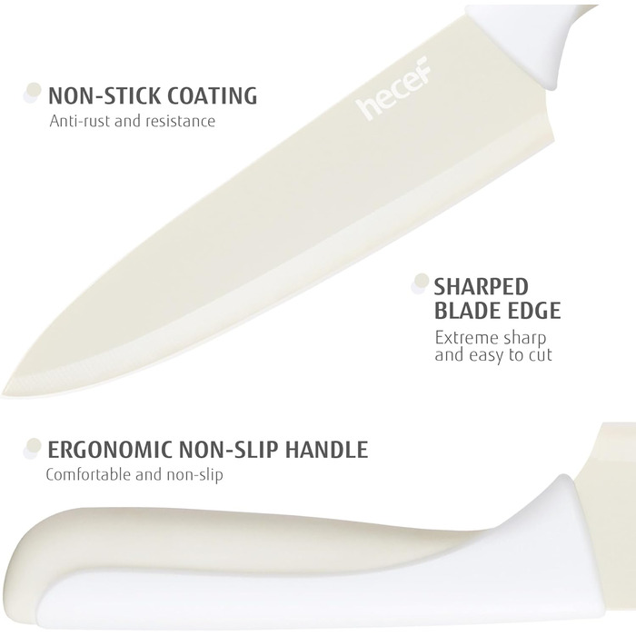 Набір ножів Hecef 14 предметів з бруском, кремового кольору, з антипригарним покриттям. Самозаточувальний ніжний блок, ергономічні ручки, компактний набір ножів для будь-якої кухні, безпечний для миття в посудомийній машині.