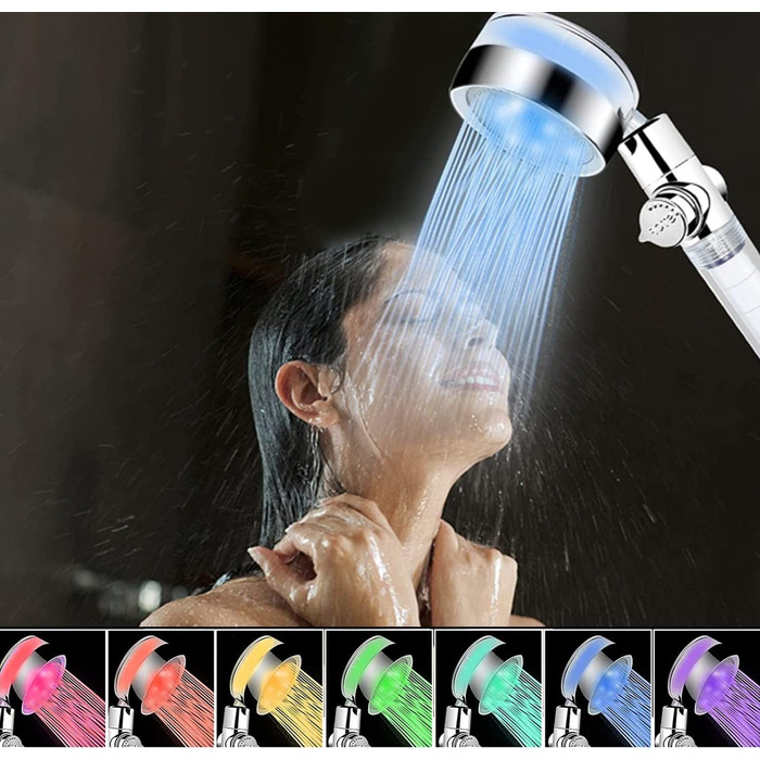 JINYOMFLY LED Shower Head with Lights, Shower Head with LED Lighting, 15CM Shower Head Color Changing, 3 Shower Modes Shower Light, Shower Head Light with Liquid Silicone Nozzle (Round, with Filter)