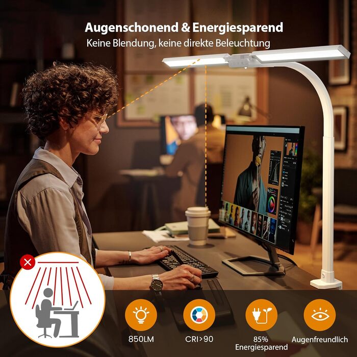 LED лампа настільна з двома головками, регульована яскравість, кріплення на струбцині, захист очей, денне світло, для офісу та ПК, RGB
