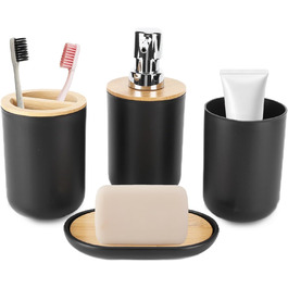 Набір аксесуарів для ванної кімнати на 4 частини (тримач для зубних щіток, мильниця, дозатор для лосьйону, стакан для ополіскувача), сучасний дизайн, чорний колір