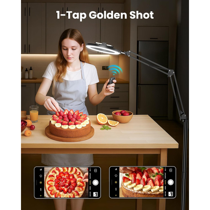 Кріплення для смартфона на штативі з кільцевим світлом для кухні та фуд-відео – штатив з кільцевим світлом для столу | Кільцеві лампи для кухні, випічки, зйомки рецептів, відеозйомки, стріму, контент-мейкінгу, 10 дюймів для столу (10 дюймів для підлоги)