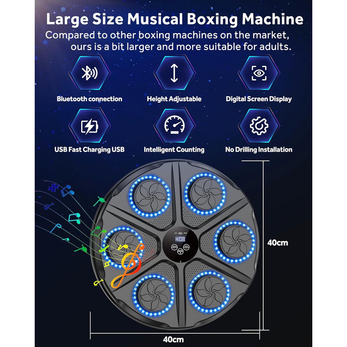 Музична бокс-машина YORRAKA для дорослих з LED-підсвіткою та Bluetooth - бокс-тренажер з 12 режимів швидкості та підрахунку ударів