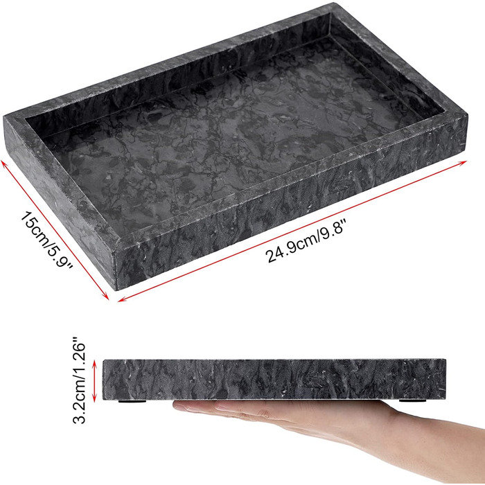 BSTKEY Natural Marble Serving Tray for Coffee Table, Rectangular, Jewelry Tray, Organizer, Decorative Bathroom, Vanity, Toilet Tank, Bathtub Tray, 25x15 cm (black)