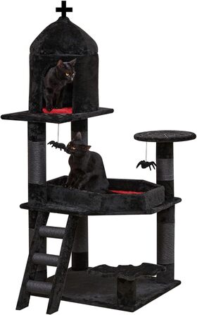 Large Gothic Scratching Post, 140 cm tall, Scratching Post for Large Cats, Stable, XXL Cat Tree with 6 Thick Scratching Pillars, Spider Hanging Ball, Sargbett Platforms, Cave, Black Cat Tower Halloween