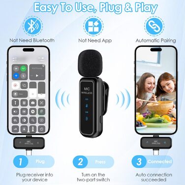 Навушники-мікрофон Laqula 2-в-1 бездротові петличні для iPhone, iPad, Android, камери, USB-C, 2 шт., шумозаглушення, кристально чиста якість запису для відео, Vlog, YouTube, TikTok, інтерв'ю, чорний