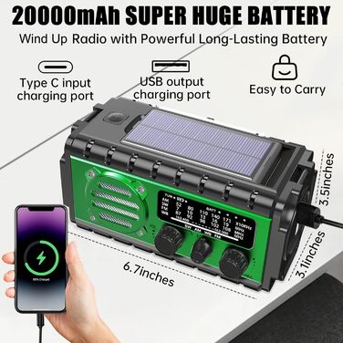 Радіо на сонячній батареї Solar Kurbelradio 20000mAh: FM/AM/SW, ліхтарик, зарядка USB, SOS-сигнал, для кемпінгу та надзвичайних ситуацій (зелене)