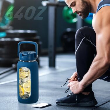 2L Glass Water Bottle with 2 Lids Flip and Go Lid 2 Liter Large Water Jug with Time Marker and Silicone Sleeve BPA-Free Leakproof for Sport Gym, Dark Blue