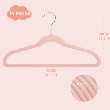 Дитячі вельветові вішалки ManGotree, 14 шт. Рожеві. Вішалки для одягу, плащів, костюмів, сорочок, штанів. 35 см, преміум-якість