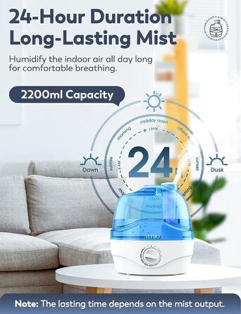 Зволожувач повітря 2.2L для спальні з обертовою насадкою 360°, тихий 28dB, автовимкнення, до 24 годин роботи, легкий у чищенні, для кімнати, дитячої кімнати, рослин