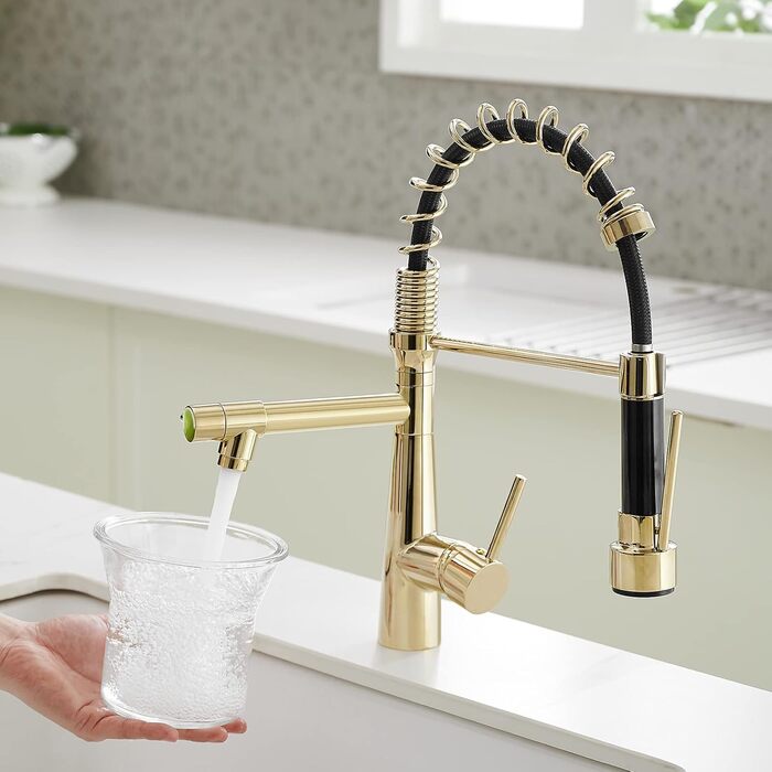 Змішувач кухонний LED з висувною насадкою, 360° поворот, 2 виходи, хром, для кухні, високий тиск, з підсвіткою, преміум-якість