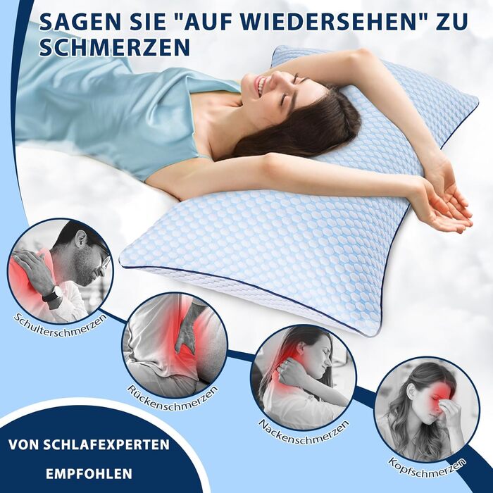 Подушка з піни Memory Foam для сну: охолоджуюча, ергономічна для бокових, спинних та тих, хто спить на животі (40x80 см, блакитно-сіра)