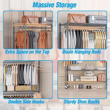 Double Clothes Rack/Garment Rod with Adjustable Shelves, Heavy-Duty Clothes Rack with 2 Hooks, Clothes Rack with Wheels, 90 * 42 * 205cm, White (Gray, 90*42*205cm)