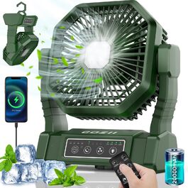 Акумуляторний кемпінговий вентилятор COZII 20000mAh з LED-підсвіткою, дистанційним керуванням та гачком, безшумний USB вентилятор для намету, кемпінгу, офісу та риболовлі, Зелений