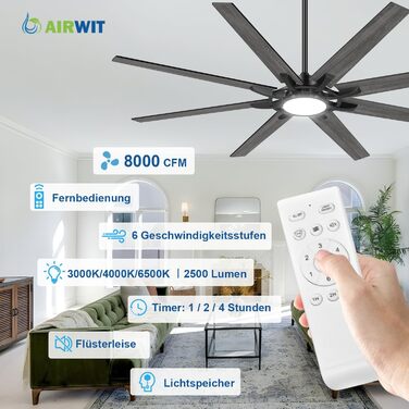 Стельовий вентилятор Airwit 183 см з підсвіткою та пультом керування, великий безшумний вентилятор у стилі індустріал для вітальні, спальні та тераси, чорний/темне дерево