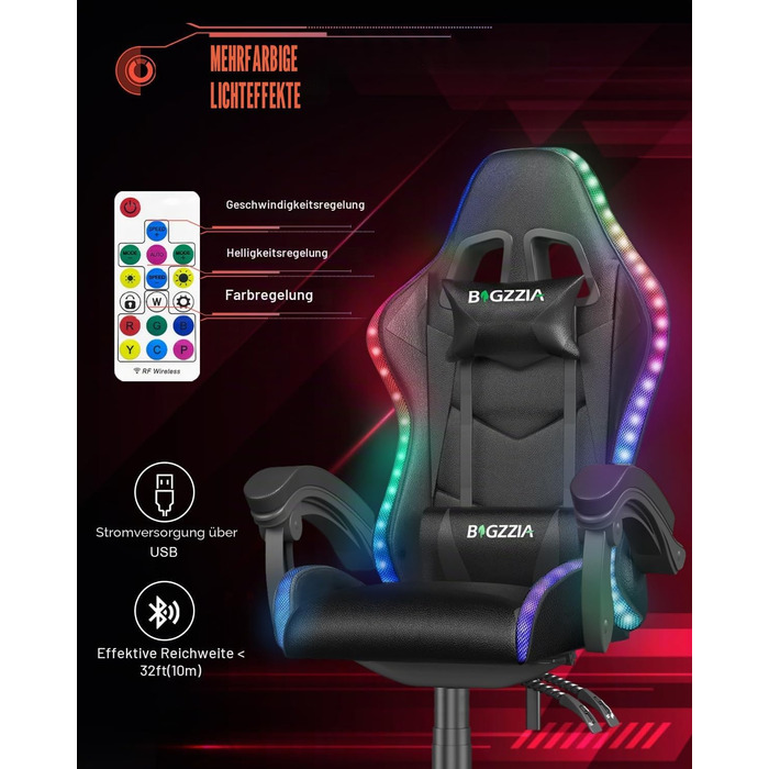 Геймерське крісло Bigzzia з RGB підсвіткою, ергономічне для ПК, з підголівником, чорне