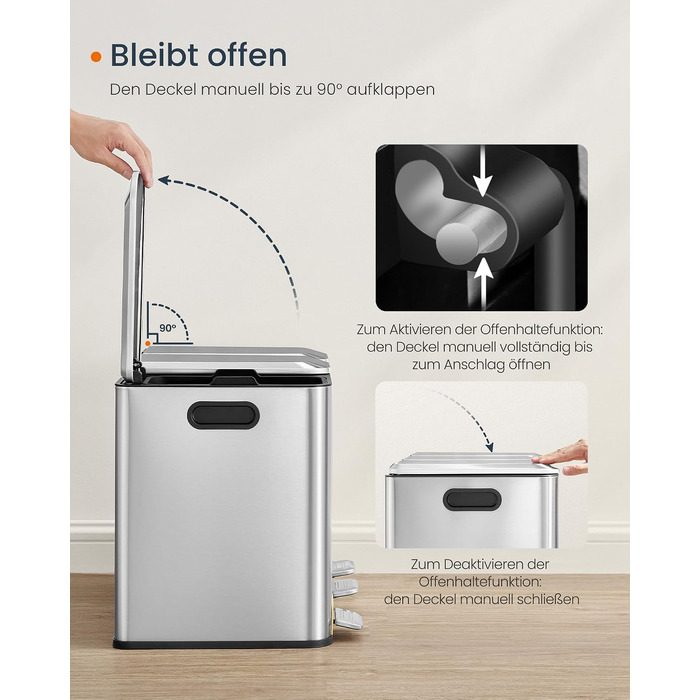 Сміттєвий відер SONGMICS HOME POPNEX LTB740B02 для кухні, система сортування сміття з 3 відсіками по 15 л, сталевий, сріблястий