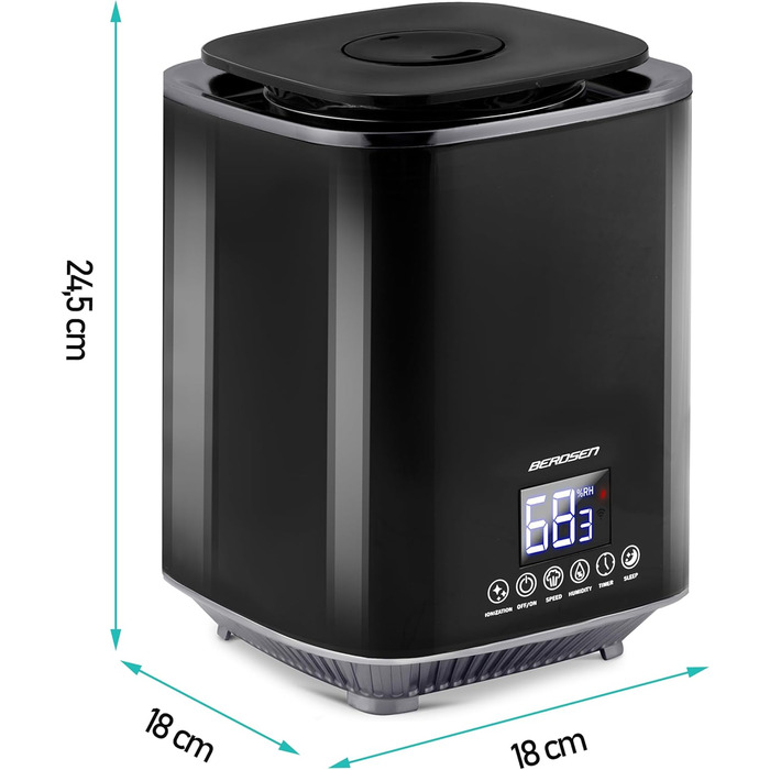 Ультразвуковий зволожувач повітря Berdsen з іонізацією, ароматерапією та гігростатом - 2.6 л, 3 швидкості, для дитячої кімнати, чорно-сірий