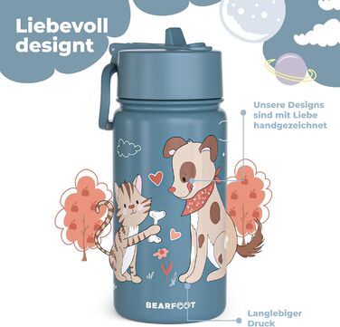 Дитяча термопляшка Bearfoot з нержавіючої сталі з трубочкою, 400 мл, без BPA, не протікає, для дівчаток та хлопчиків, ідеальна для школи та дитячого садка (Блакитна, з зображенням собаки та кота)