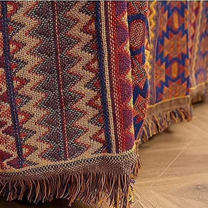 Large throw blanket in Bohemian style with tassels, 100% hand-woven cotton, knitted, chair cover for seats, sofas, couches, and beds (130 x 180 cm)