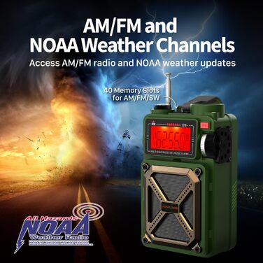 Радіо на сонячній батареї FosPower D9 з ліхтариком, AM/FM/WB, Power Bank 4000 mAh - Темно-зелений