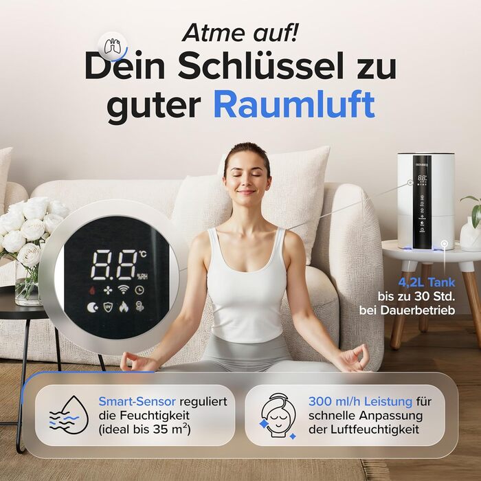 Ультразвуковий зволожувач повітря 4.2л з аромадифузором та нічним світлом, тихий для спальні та дитячої кімнати, для немовлят та рослин, з пультом керування та 360° форсункою