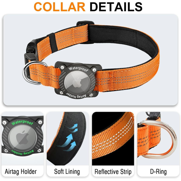 Нашийник для собак з AirTag, водонепроникний чохол, GPS-трекер, сумісний з Apple AirTag, для собак маленьких, середніх та великих порід, S (XL (39.5-55.5 см), помаранчевий)