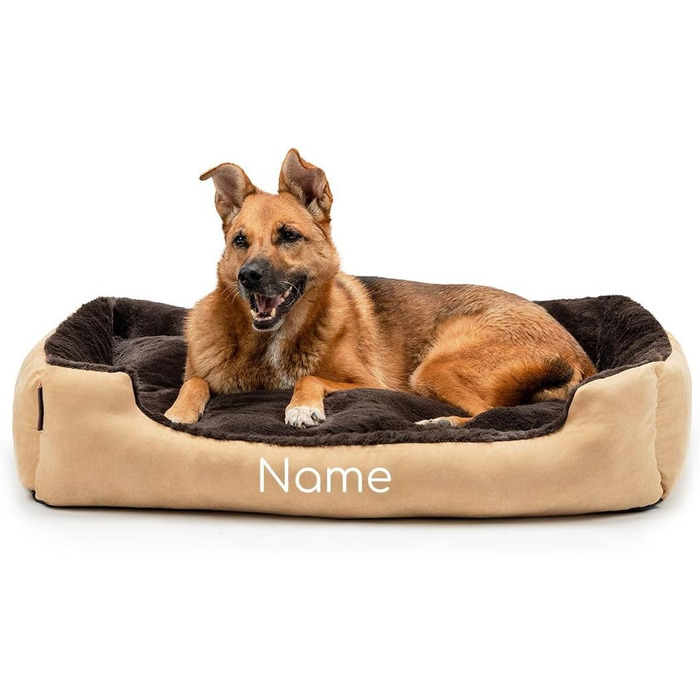 Ліжко для собак Lionto з двостороннім подушкою та неслизьким дном, міцне лежання для собак та котів будь-якого віку, 60x48 см, м'яке собаче ліжко, (Д 90 x Ш 70 x В 20 см (з іменним нанесенням), бежево-коричневе)