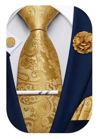 Набір краваток для чоловіків: краватка, кишеньковий хустинка, краваткова затискач, затискач для краватки, набір 5 шт. (золотий)