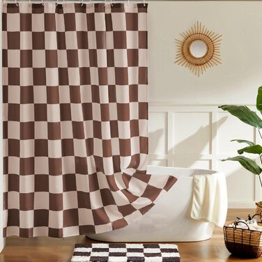 Тканинна шторка для душу в стилі ретро з шаховим візерунком, рожево-хакі, 183x183 см