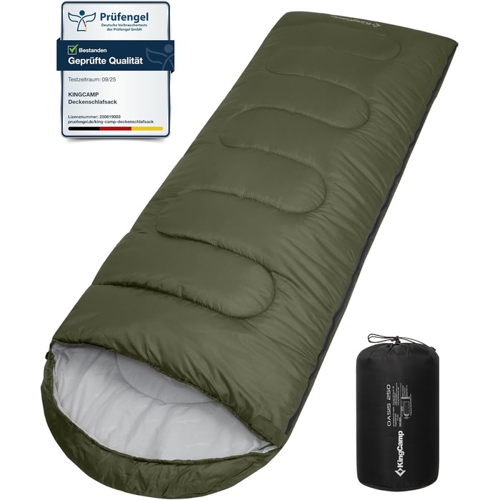 Сплячий мішок KingCamp Oasis для кемпінгу, 3-4 сезони, водовідштовхувальний, легкий, для дітей та дорослих, з можливістю з'єднання, для подорожей та активного відпочинку, оливковий, Zip 220×75 см