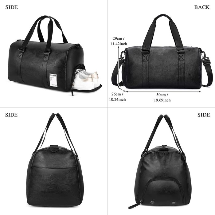 UBAYMAX Leather Sports Bag for Men, Travel Bag with Shoe Compartment and Wet Compartment, 37L Weekender Bag Carry-on Bag Training Bag Fitness Bag, Gym Bag Black