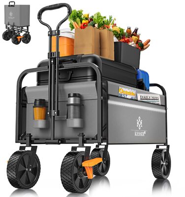Візок-теліжка KESSER® складний, вантажопідйомність 150 кг, сині/сірі колеса PVC 360°, з 2 сітчастими кишенями, бічною кишенею та чохлом - садовий причіп