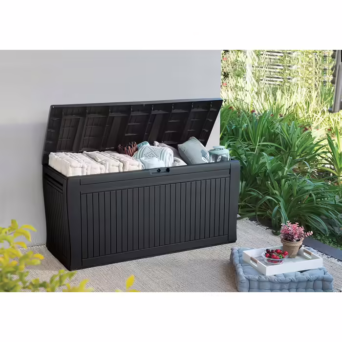 Koll Living Storage Box/Cushion Box 270 Liters Color: Graphite l 100% Waterproof l with ventilation, preventing unpleasant odors/mold l Modern wood-look design l Lid loadable up to 250 KG (2 people)