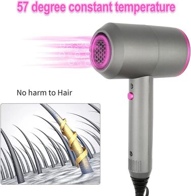 Іонний фен Faszin з AC-двигуном: професійний, 2 швидкості, 3 режими нагріву, кнопка холодного повітря, насадки-дифузор та концентратори (сірий)