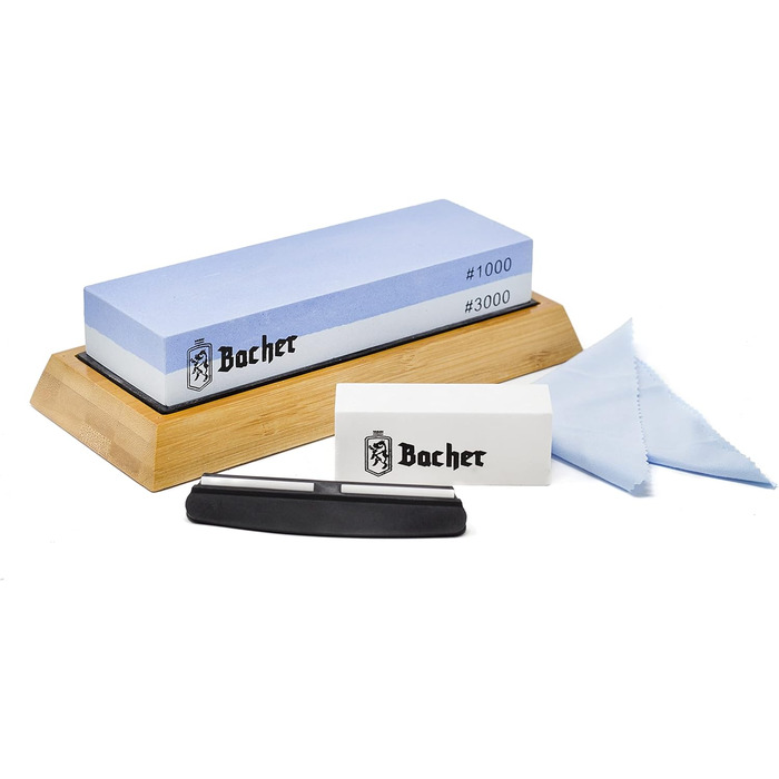 Преміум точильний камінь Bacher. Двобічний, зернистість 400/1000. Точило для ножів з антиковзним бамбуковим блоком, камінь для заточування, допоміжний інструмент для заточування та детальна інструкція у форматі eBook.