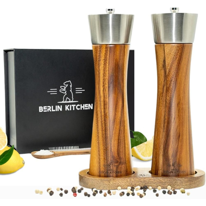 Набір млинів для солі та перцю BERLIN KITCHEN, акація та нержавійка, керамічний механізм, подарунковий набір, регульований помел