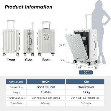 Чемодан ручної поклажі 56 см, 20 дюймів, з алюмінієвим каркасом, PC корпус, 4 колеса, TSA замок, USB-порт, тримач для напоїв, білий