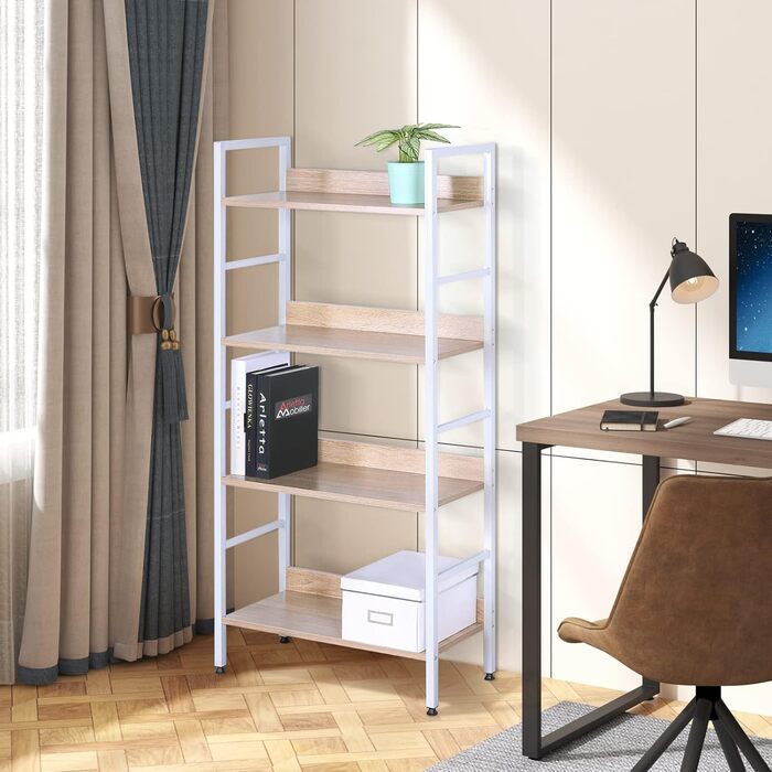 WOLTU 4-Tier Shelf Unit Bookshelf Kitchen Shelf Bathroom Shelf Made of Wood and Metal, Shelves for Storage Room 60 x 27.5 x 126 cm White + Light Oak RGB9304hei