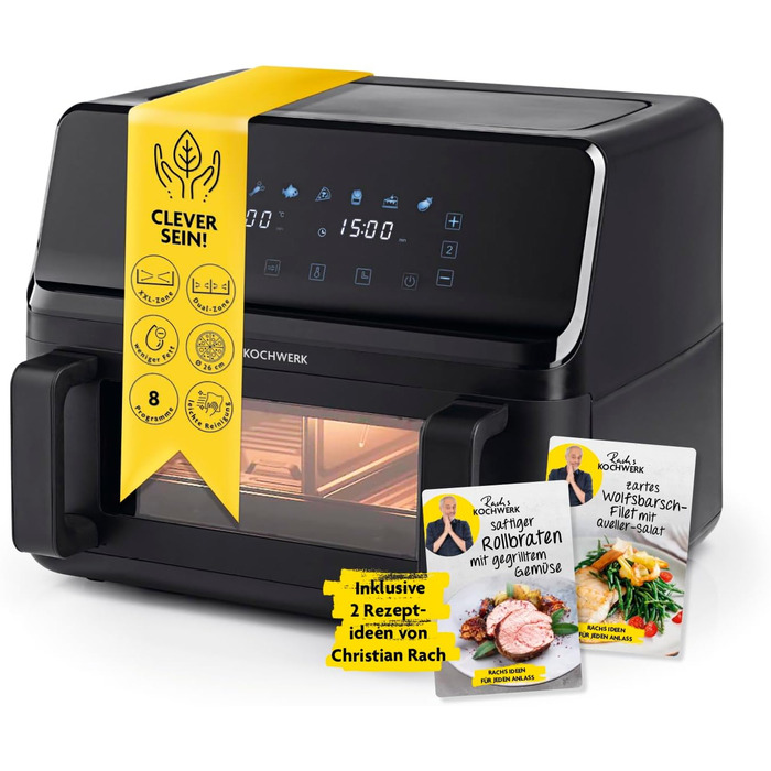 Фритюрниця RACHS KOCHWERK Vario-Doppelkammer 9 л з роздільною камерою, сенсорним екраном та 8 програмами | Електрична фритюрниця без олії, Smart-Cook, чорний колір