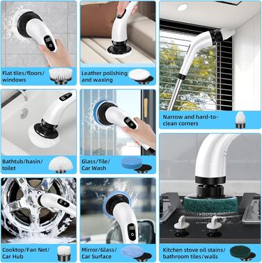 Електрична щітка для чищення Spin Scrubber бездротова з 8 змінними насадками, регульована ручка, для ванної, авто, кухні, плитки, підлоги