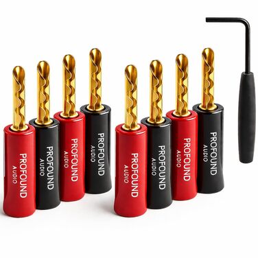 Позолочені HiFi роз'єми «банан» BFA (24K), 8 шт. — конектори для акустичних кабелів, підсилювачів та AV-ресіверів (з ключем для монтажу)