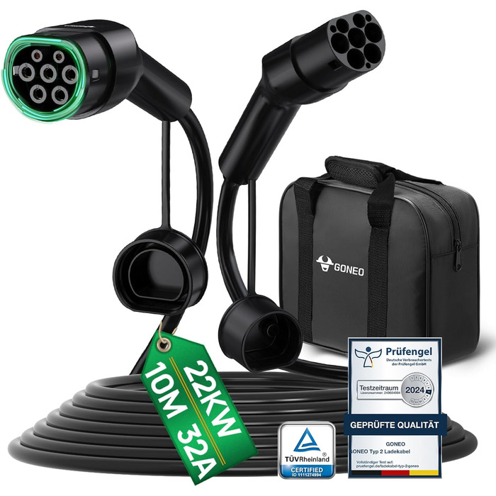 Кабель зарядки для електромобіля GONEO Typ 2 (11kW, 16A, 10м) - 3 фази, Mode 3, з сумкою