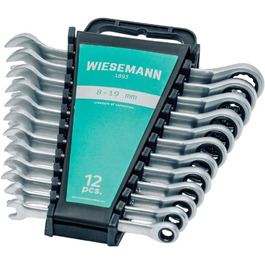 Набір тріскачкових ключів WIESEMANN 12 шт. 8-19 мм, 72 зубці, Q-30 хромований сталь, з тримачем